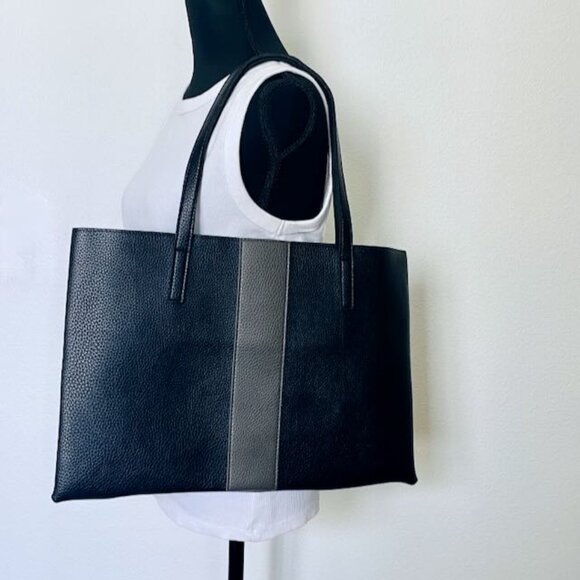 Vince Camuto Vegan Leather Tote Black with Gray Stripe - Picture 1 of 3